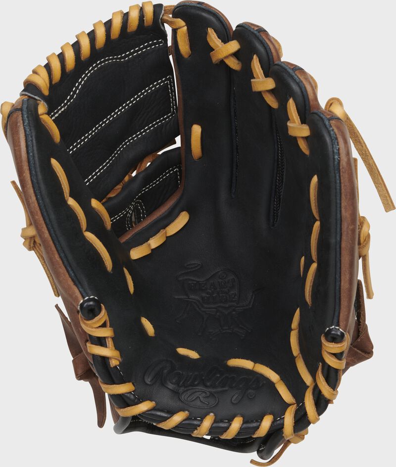 Black palm of a Rawlings Heart of the Hide infield/pitcher's glove with camel laces - SKU: PRO1175SCSLMPRO loading=
