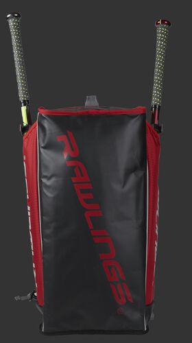 Bottom of a scarlet R601 Hybrid backpack with a scarlet Rawlings logo printed across the bottom