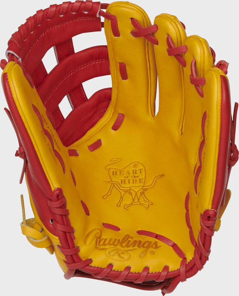 PRO206-6GTS Rawlings Heart of the Hide infield glove with a gold tan palm, scarlet web and scarlet laces