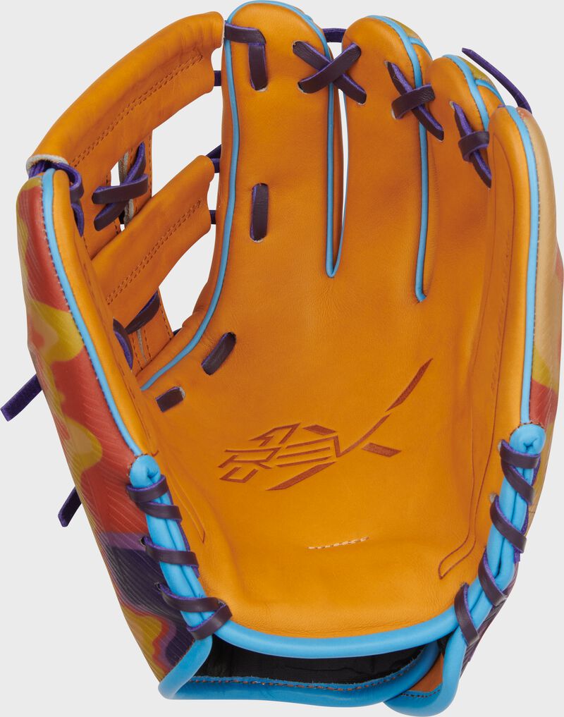 Tan leather palm of a Rawlings Francisco Lindor REV1X infield glove with purple laces - SKU: REVFL12T