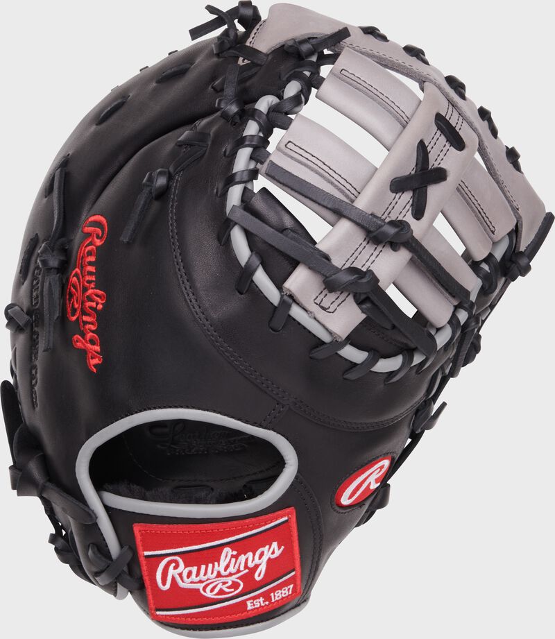Black back of a Foundation Series Aaron Judge 1st base mitt with a red Rawlings patch - SKU: RSGRFDCT8-10B