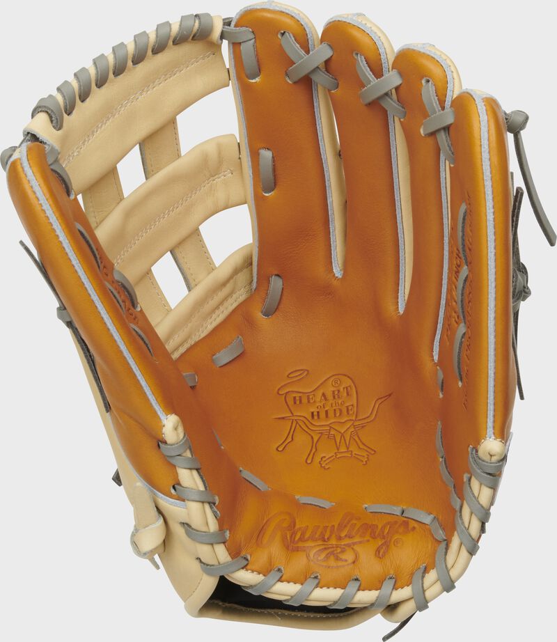 Tan palm of a Rawlings HOH outfield glove with a camel web and grey laces - SKU: PRO3039-6TC