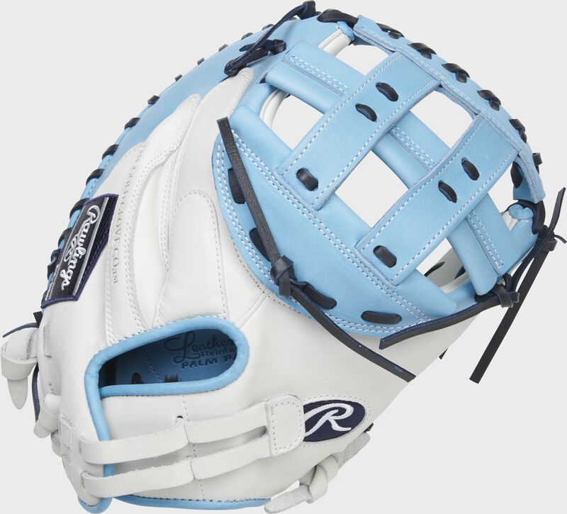 Back of white/Columbia blue Liberty Advanced Color Series catcher's mitt - SKU: RLACM34FPWCBN loading=