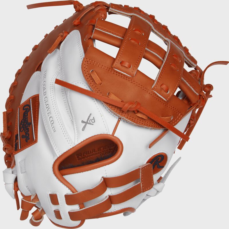 RLACM33FPWO 33-inch Liberty Advanced fastpitch catcher's mitt with a white back and Pull-Strap back design