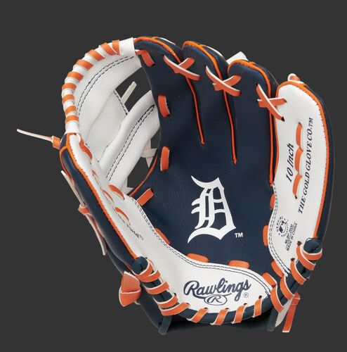 A navy/white Rawlings Detroit Tigers youth glove with the Tigers logo stamped in the palm - SKU: 22000027111