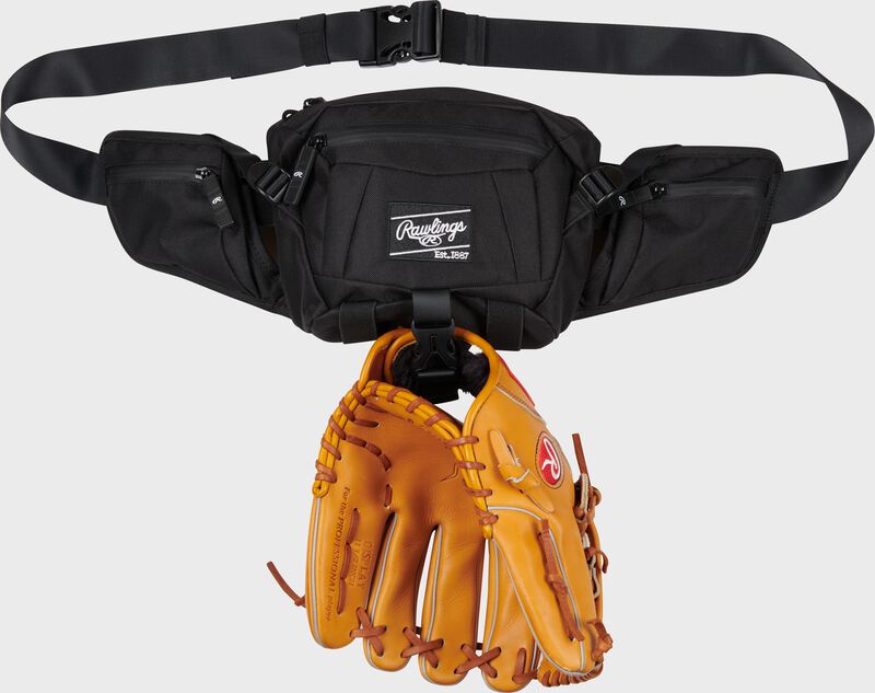 Front of a black Rawlings sling bag with a ball glove attached to the external clip - SKU: RSLING-BK