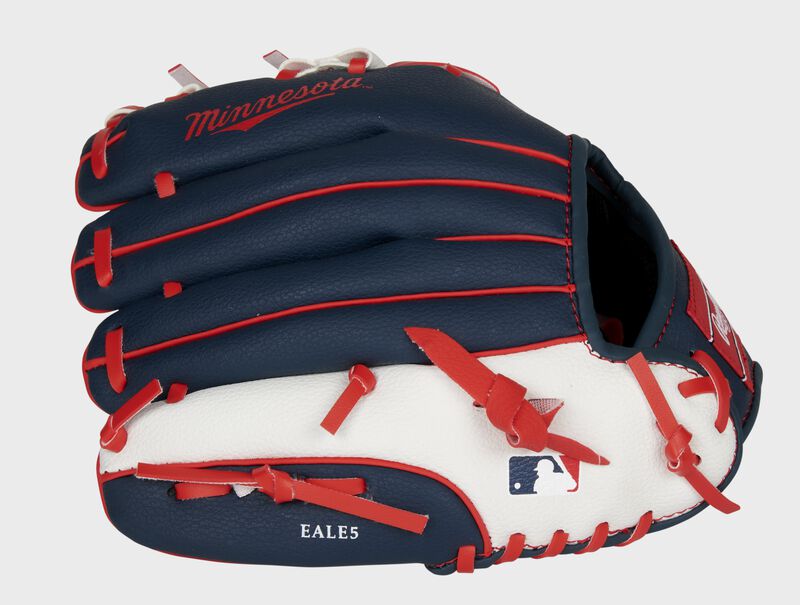 Back of a navy, white & red Minnesota Twins 10-inch youth glove with the MLB logo on the pinky - SKU: 22000028111 image number null