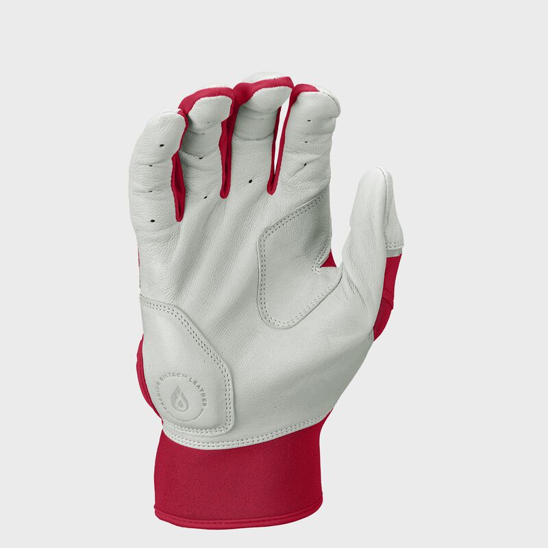 Palm of a scarlet Rawlings Workhorse Batting glove