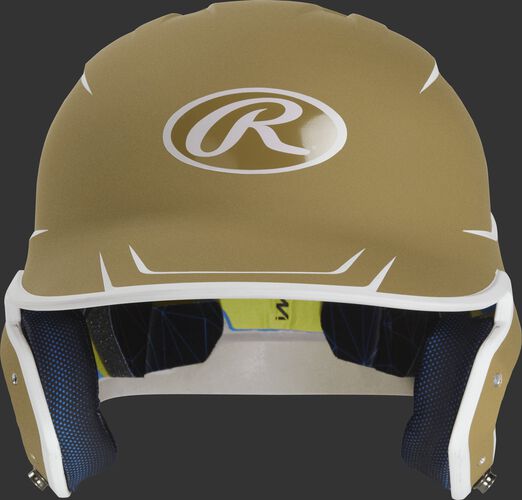 Front of a matte vegas gold/white MACH Junior size batting helmet