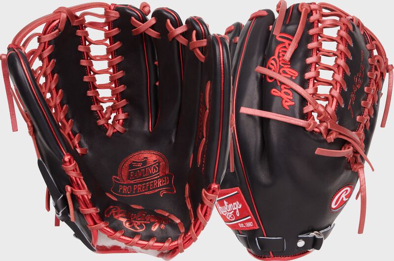 2 images showing the palm and back of a Rawlings Mike Trout Pro Preferred outfield glove - SKU: PROSMT27BS