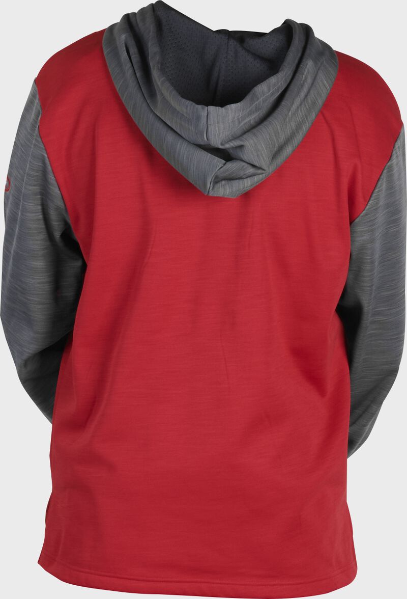 Back of a scarlet fleece hoodie with gray sleeves and hood - SKU: PFH2PRBB-S/GR