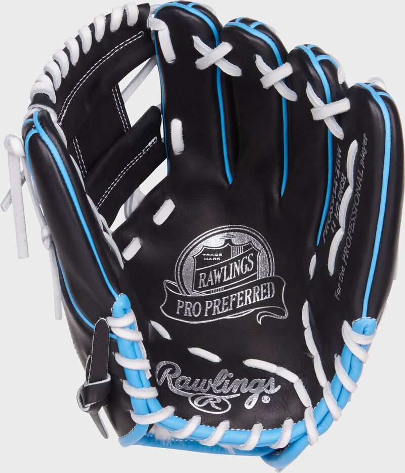 Black palm of Rawlings Pro Preferred infield glove with silver stamping and white laces