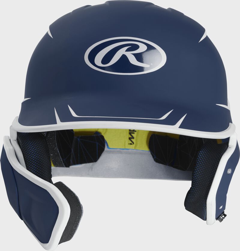 Front of a matte navy/white MACHEXTR junior size Mach batting helmet with face guard extension for left hand batters