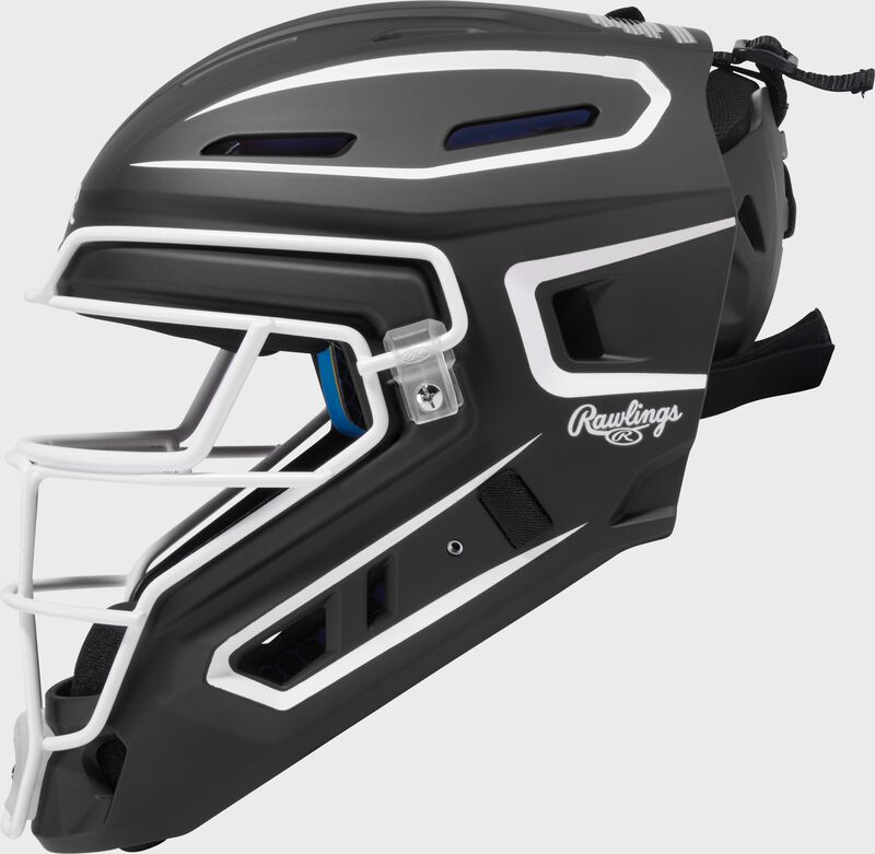 Left side of a black Rawlings Mach Pro Series catcher's helmet loading=