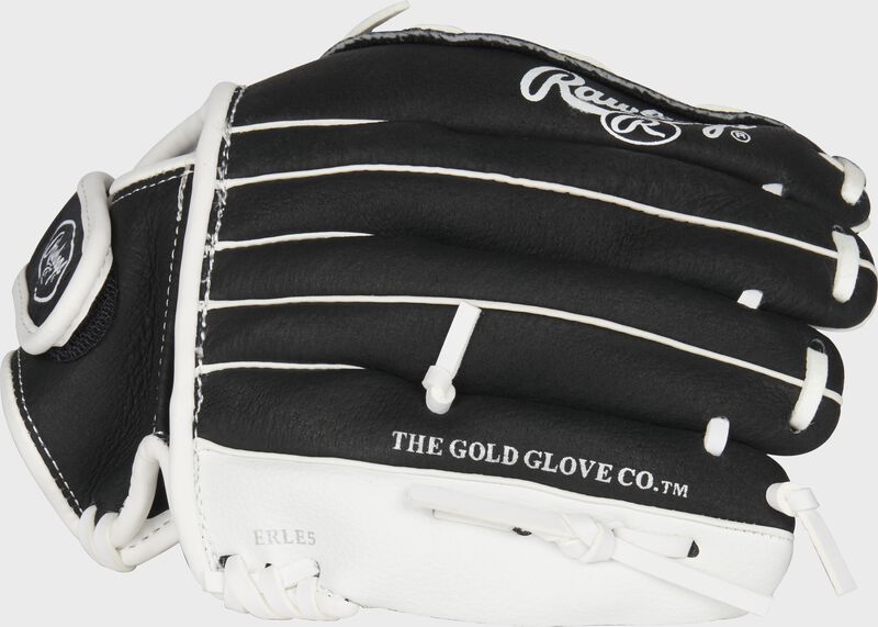 Back of a black/white Rawlings fastpitch softball glove - SKU: ACAHFP105BW-RH