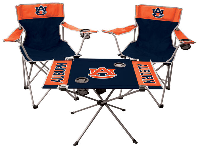 Front of Rawlings Navy and Orange NCAA Auburn Tigers 3-Piece Tailgate Kit With Two Kickoff Chairs, An Endzone Table, And A Transport Bag With Team Logo SKU #00993003511