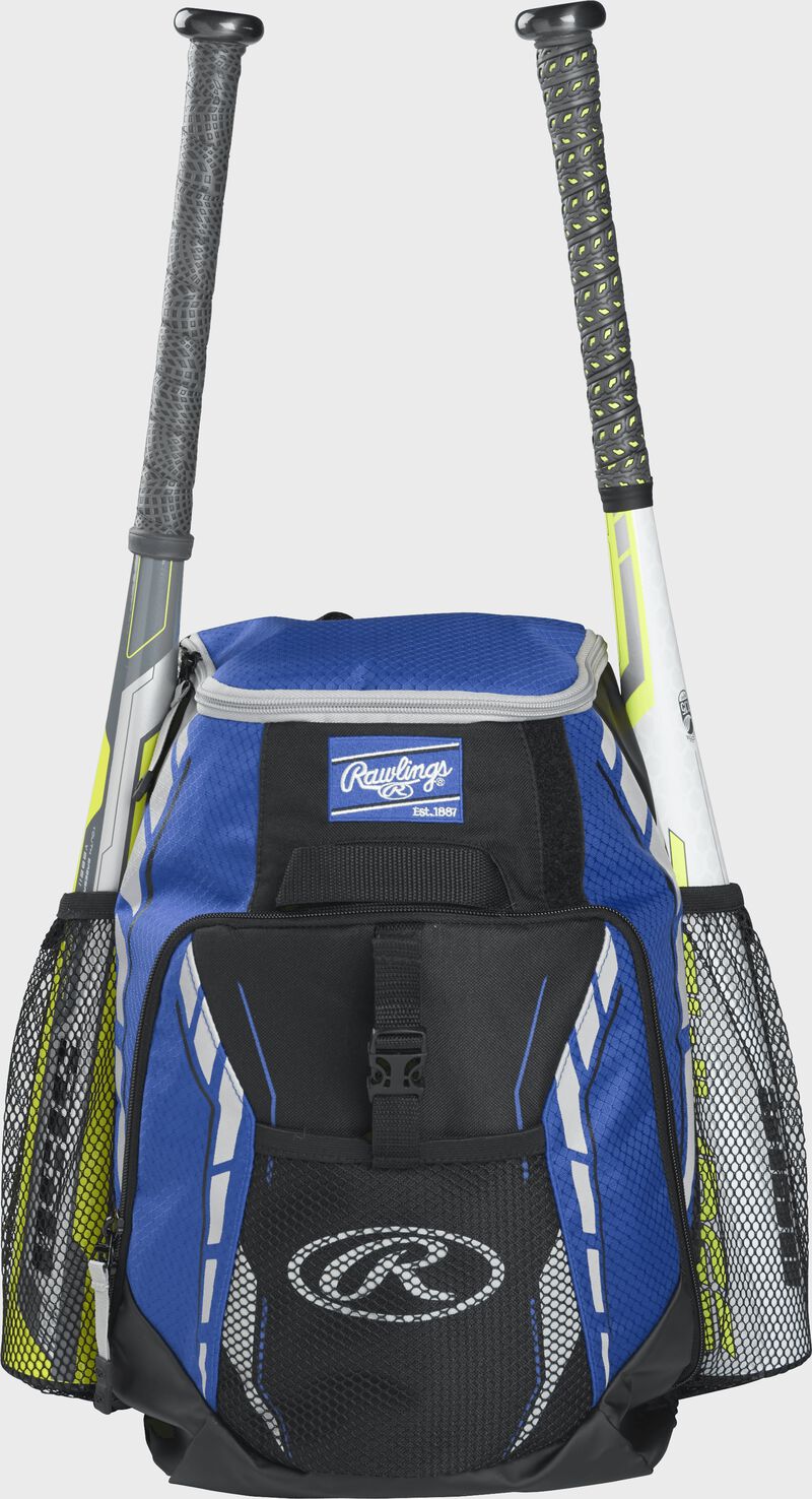 Front view of a Royal Rawlings Youth Players Team Backpack with two bats | SKU:R400-R
