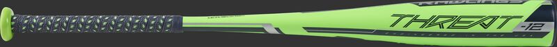 Barrel view of a US9T12 2019 Threat USA baseball bat with a green barrel, navy accents and navy grip