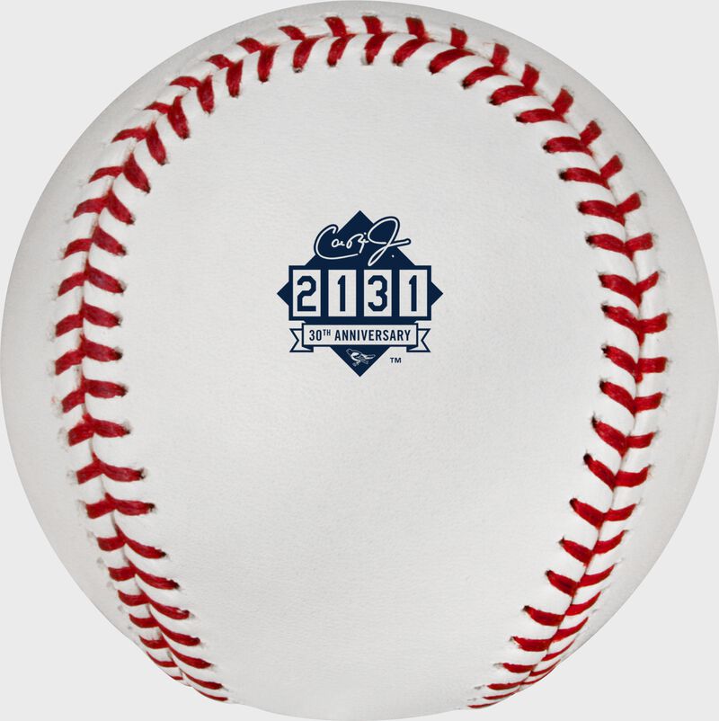 A Cal Ripken Jr. Iron Man Streak 30th Anniversary Commemorative stamp on a MLB baseball loading=
