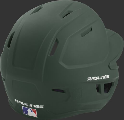 Back right of a one-tone matte dark green MACH Rawlings senior size batting helmet