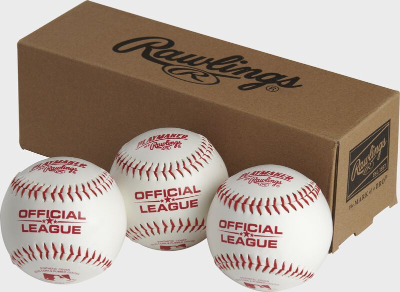 3 Rawlings Playmaker baseballs in front of a box - SKU: PMBBPK3
