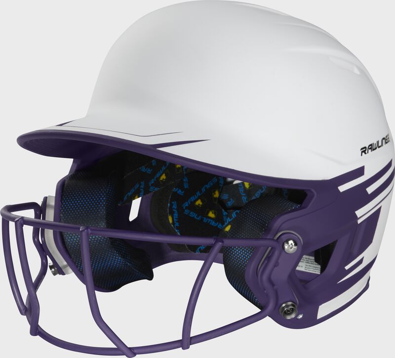 Front left-side view of Rawlings Mach Ice Softball Batting Helmet, Purple - SKU: MSB13
