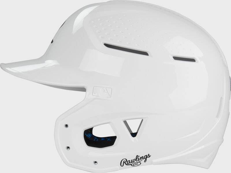 Left side of a white Rawlings RX2 gloss baseball batting helmet loading=