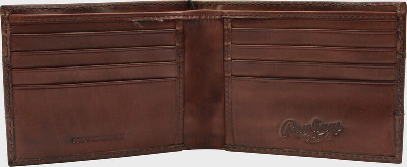 Inside of a brown RW80004-200 Rawlings bi-fold wallet with 8 credit card slots