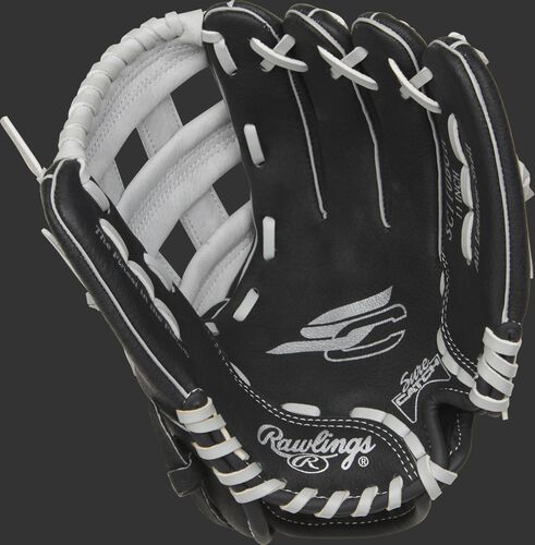 SC110BGH Rawlings Sure Catch glove with a black palm and grey laces