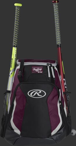 A black/maroon R500 Rawlings equipment backpack with a bat on each side