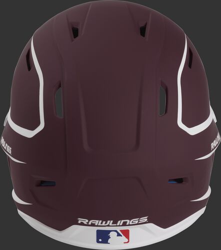 Back of a maroon/white MACH high performance Junior helmet with the Official Batting Helmet of MLB logo