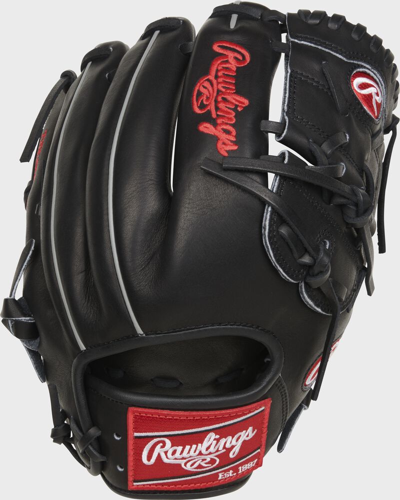 Back of a black 12" Heart of the Hide 2-piece solid web glove with a red Rawlings patch - SKU: PROT206-9B