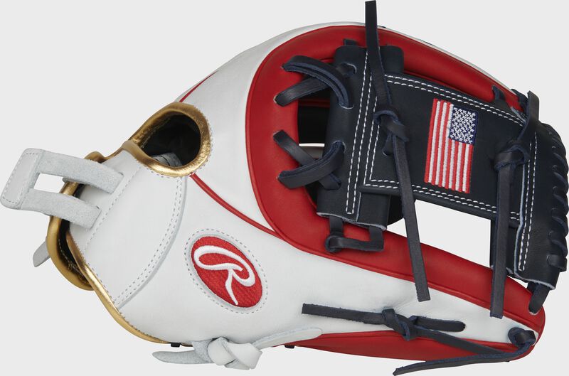 Thumb of a white/scarlet PRO716SB-2USA Heart of the Hide 12-Inch USA softball glove with a USA flag on the navy I-web