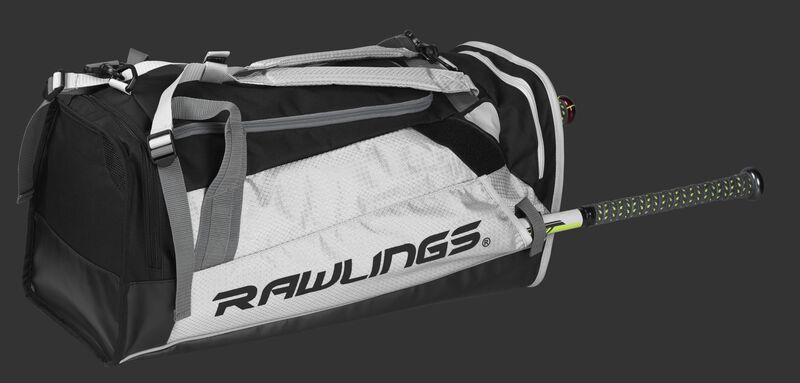 Side angle view of a white R601 Rawlings Hybrid backpack/duffel bag with a bat in the side compartment