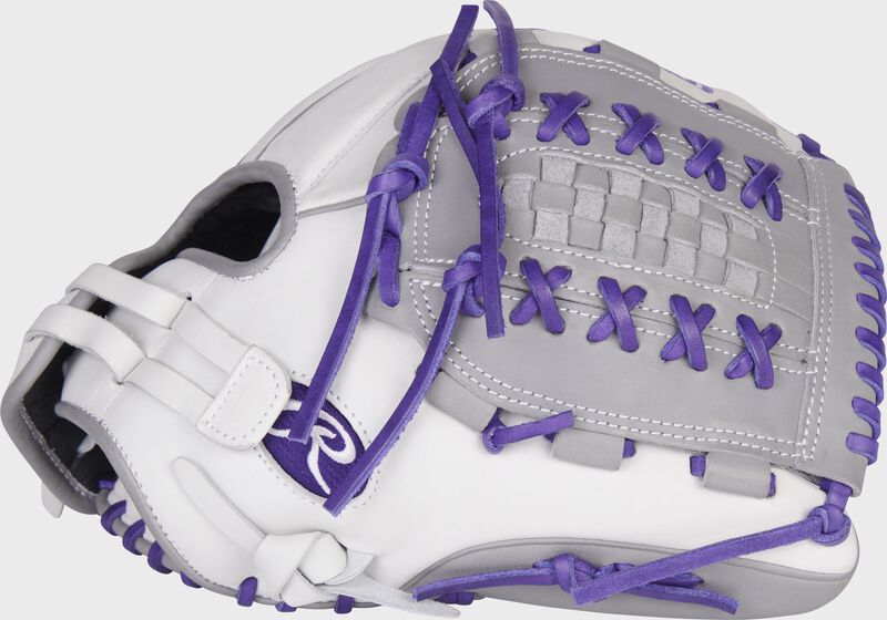 Thumb of a white/purple 2022 Liberty Advanced Color Series 12.5-Inch fastpitch glove with a gray x-laced basket web - SKU: RLA125-18WPG