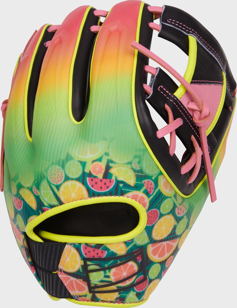 Bright color back of a REV1X Summer Fresh I-web infield glove