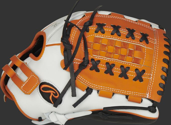 Thumb of a white RLA125-18OB Liberty Advanced Color Series 12.5-inch fastpitch glove with an orange Double Laced Basket web