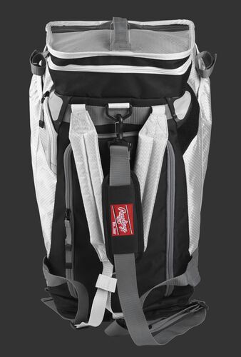 Front of a white R601 Rawlings Hybrid backpack/duffel bag with a gray strap and white arm straps