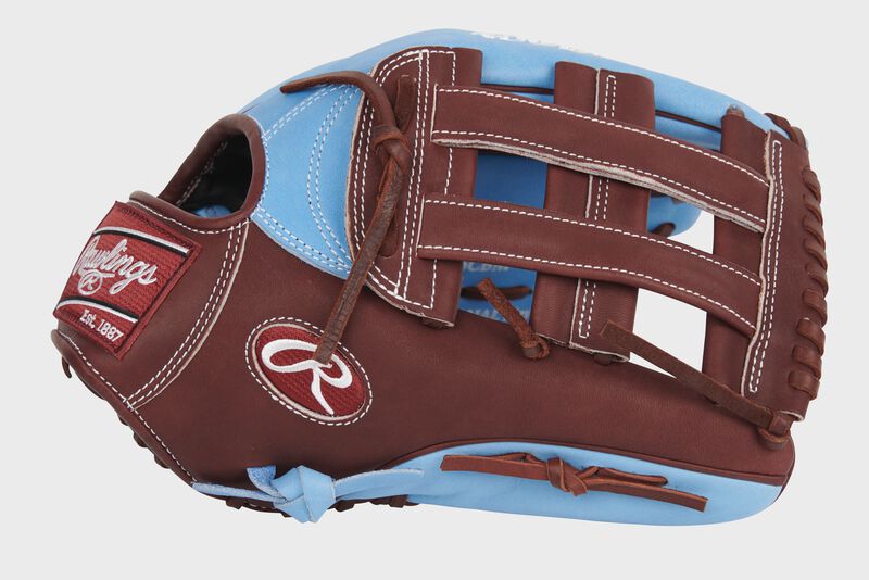 Thumb of a maroon/columbia blue exclusive Heart of the Hide 13-Inch outfield glove with a maroon H-web glove - SKU: PRO3039-6CBM