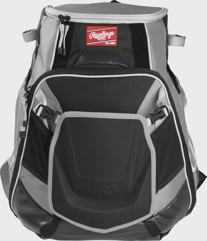 Front of a gray VELOBK Velo backpack with gray trim and a red Rawlings patch
