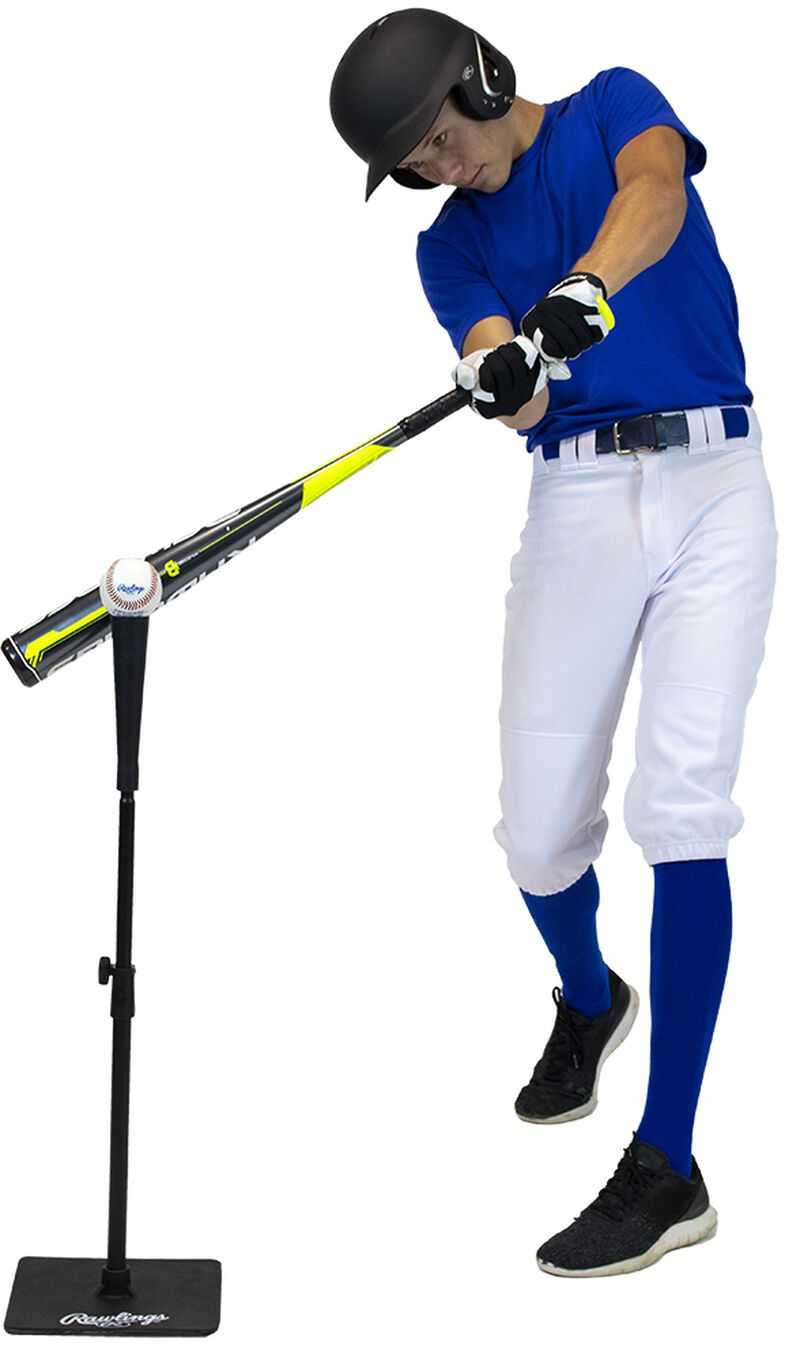 A player hitting a ball on a Rawlings RBI batting tee - SKU: RBITEE