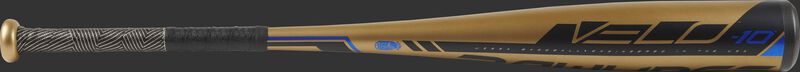 Barrel view of a UT9V10 2019 Velo USSSA baseball bat with a bold barrel and gold/black grip