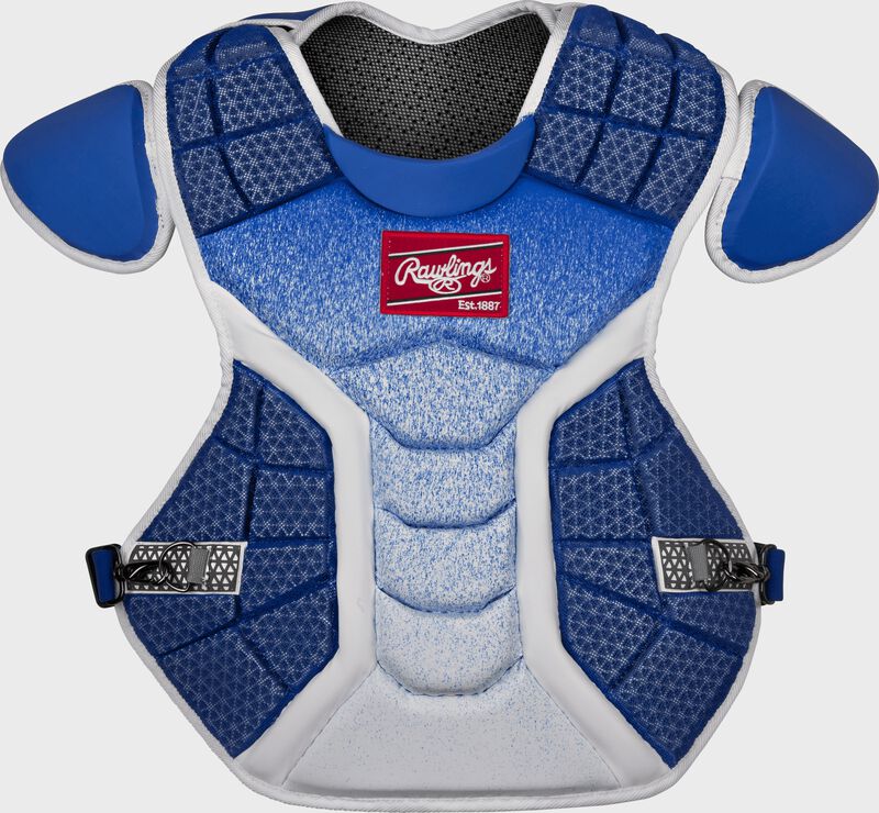 A white/royal CSPZ Salvador Perez model chest protector with a red Rawlings patch on the chest