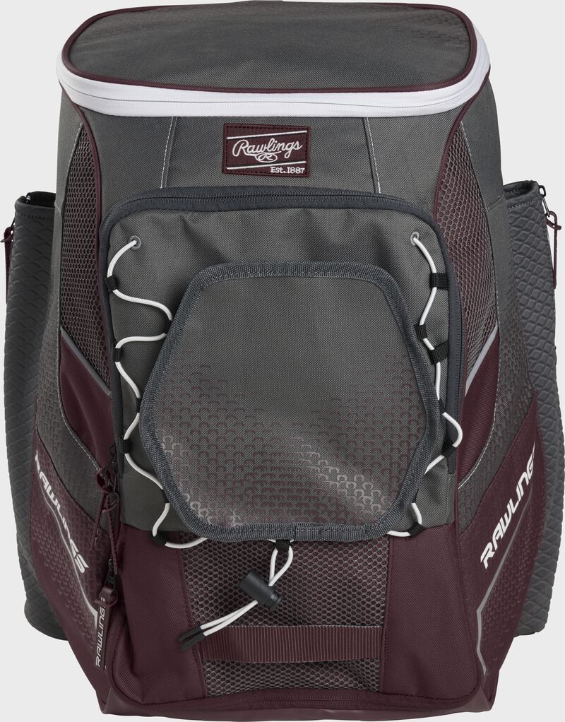 Front of a maroon Impulse baseball backpack with a gray front pocket - SKU: IMPLSE-MA