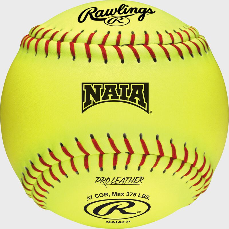 A yellow NAIAFP official NAIA 12-inch softball with red stitching