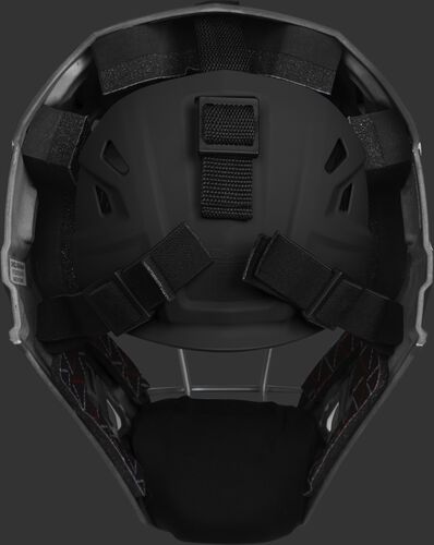 Adjustable back plate of a black/scarlet CHV27J Velo 2.0 hockey style catcher's mask