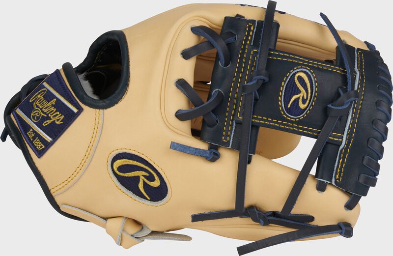 Camel thumb of an Anthony Volpe Pro Preferred 11.5-Inch Infield Glove with a navy Pro I-web