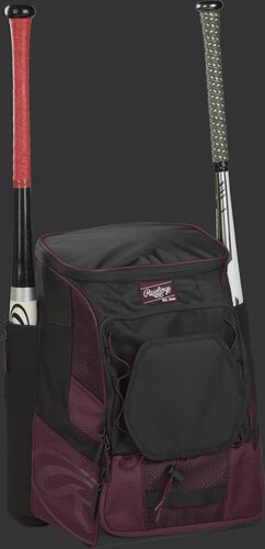 Front right of a maroon/black R600 Rawlings players bag with two bats and Oval R printed on the bottom panel