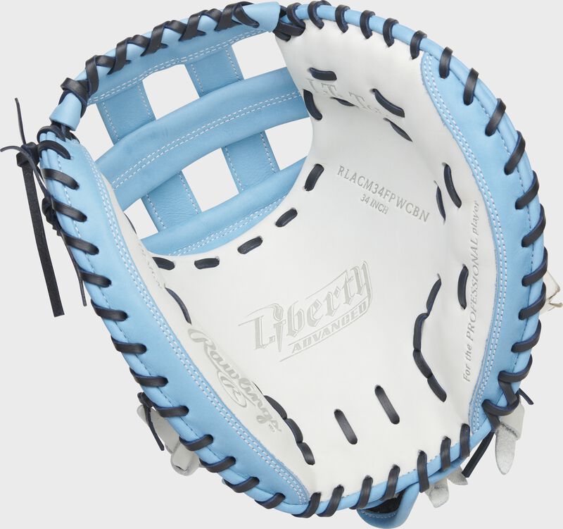 White palm of a Rawlings Liberty Advanced Color Series catcher's mitt with navy laces - SKU: RLACM34FPWCBN