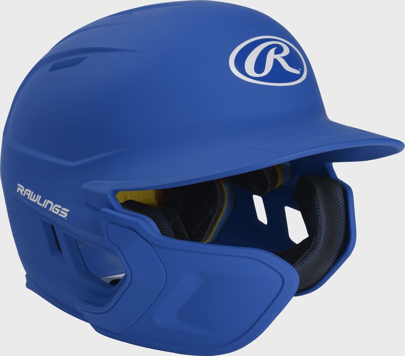 Front right-side view of Mach Left Handed Batting Helmet with EXT Flap| 1-tone, Royal loading=